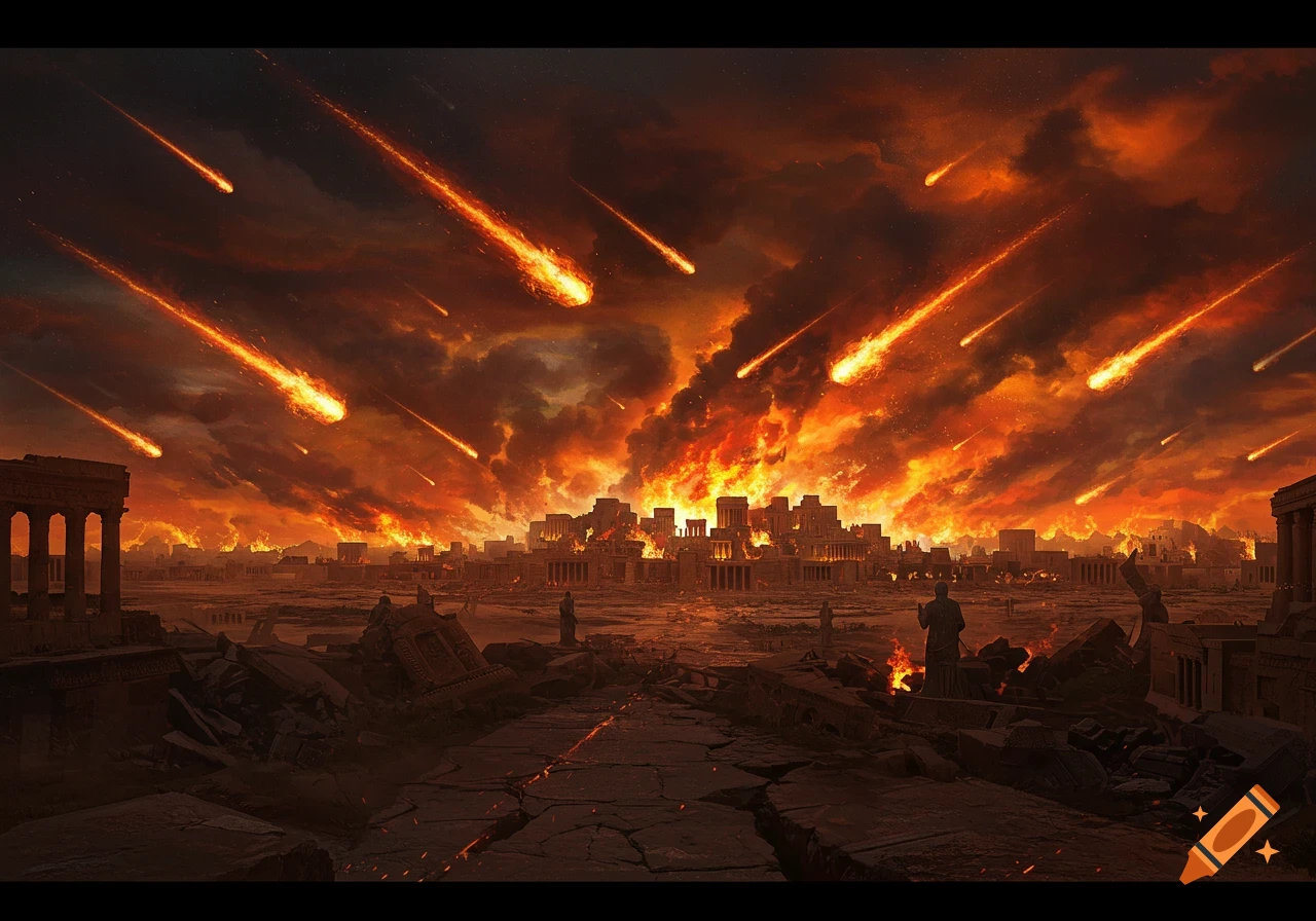 A city engulfed in flames and smoke as meteors rain down from a fiery, ominous sky, with ruined structures in the foreground.