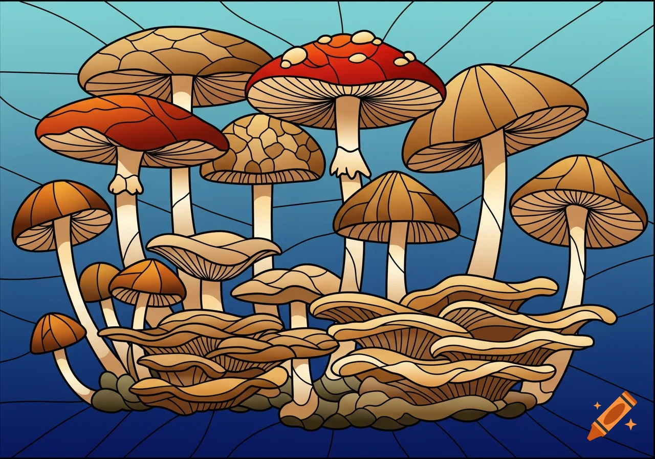 Stained glass illustration of a cluster of various mushrooms against a blue gradient background.