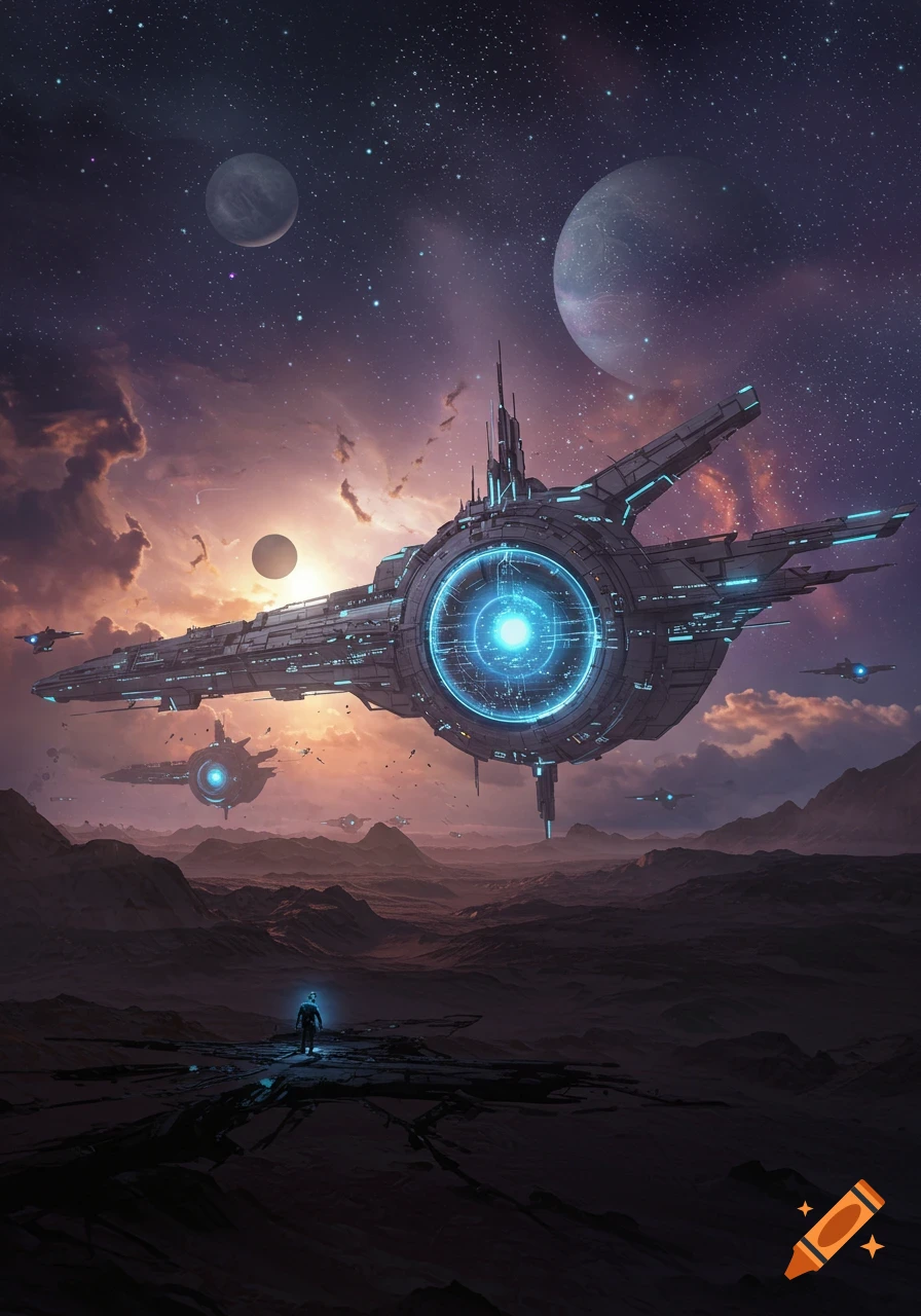 A large futuristic spaceship with glowing blue lights hovers above a desolate alien landscape under a starry sky.