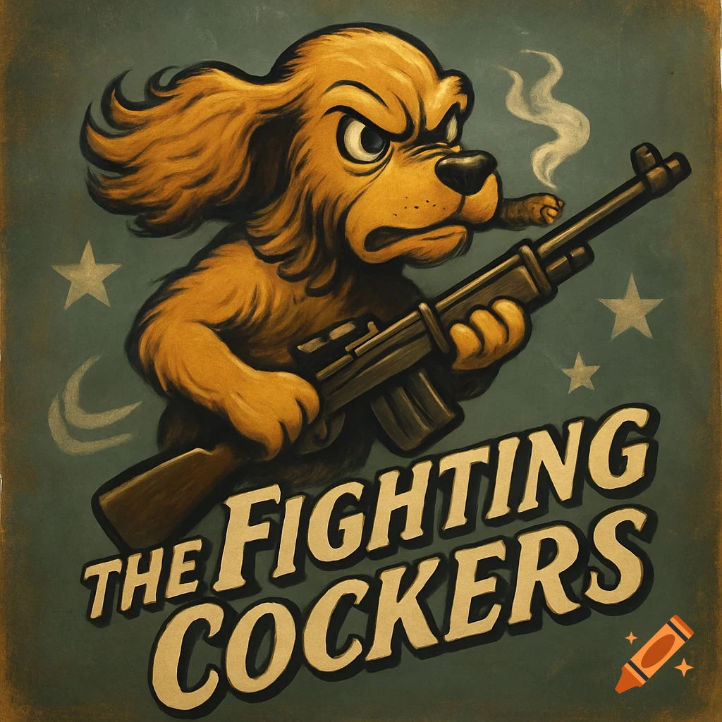Vintage military-style illustration of a menacing cocker spaniel smoking a cigar and holding a rifle, with 'THE FIGHTING COCKERS' text.