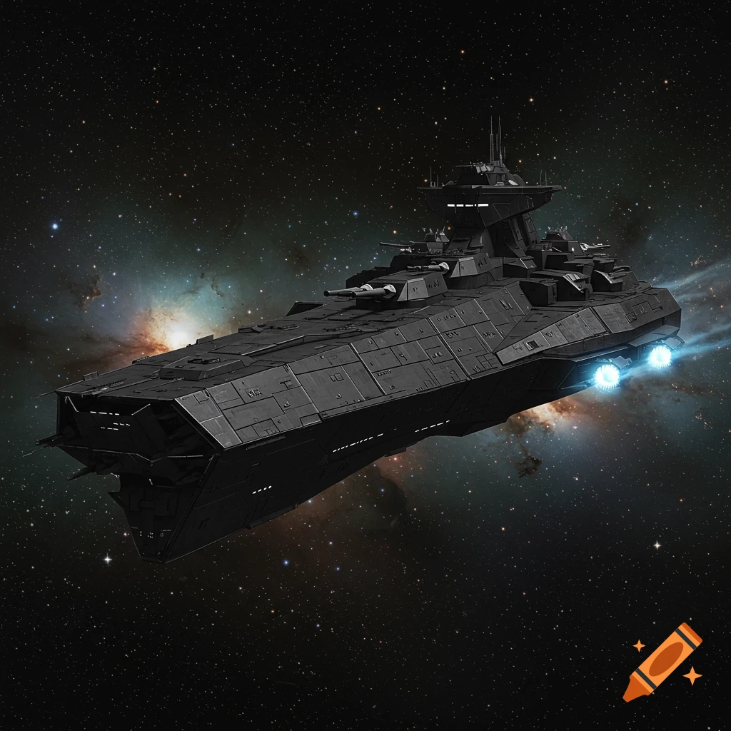 A dark gray angular space battleship with glowing blue engines flies through a starfield with a colorful nebula in the background.