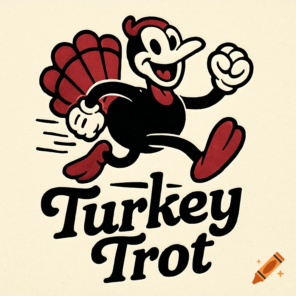 A vintage rubber hose style cartoon turkey running with the text 'Turkey Trot' below it.