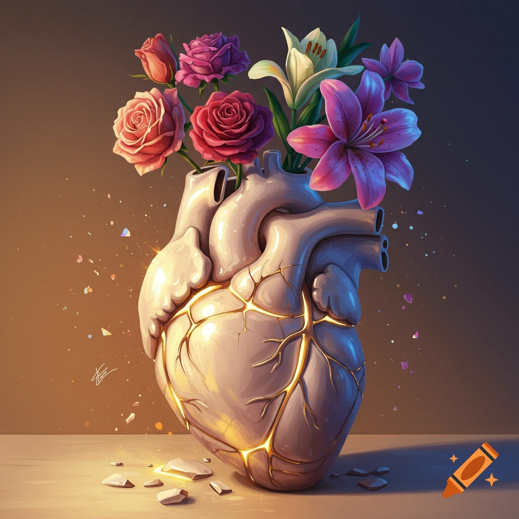 A stylized anatomical heart, rendered as a cracked stone vase with golden glowing lines, holds a bouquet of pink roses, white lilies, and purple flowers.