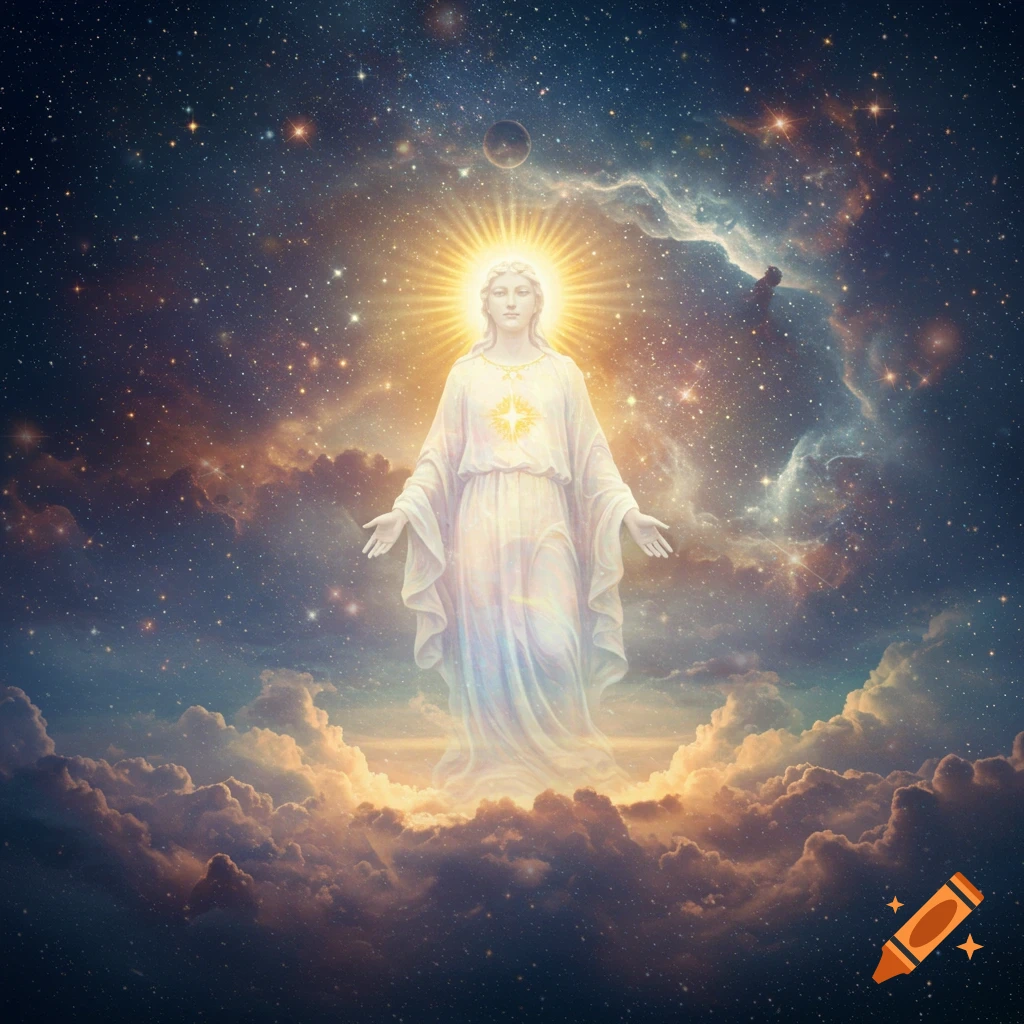 A glowing, ethereal figure in flowing white robes stands amidst golden clouds, bathed in bright light, with a starry cosmic background and a distant planet.