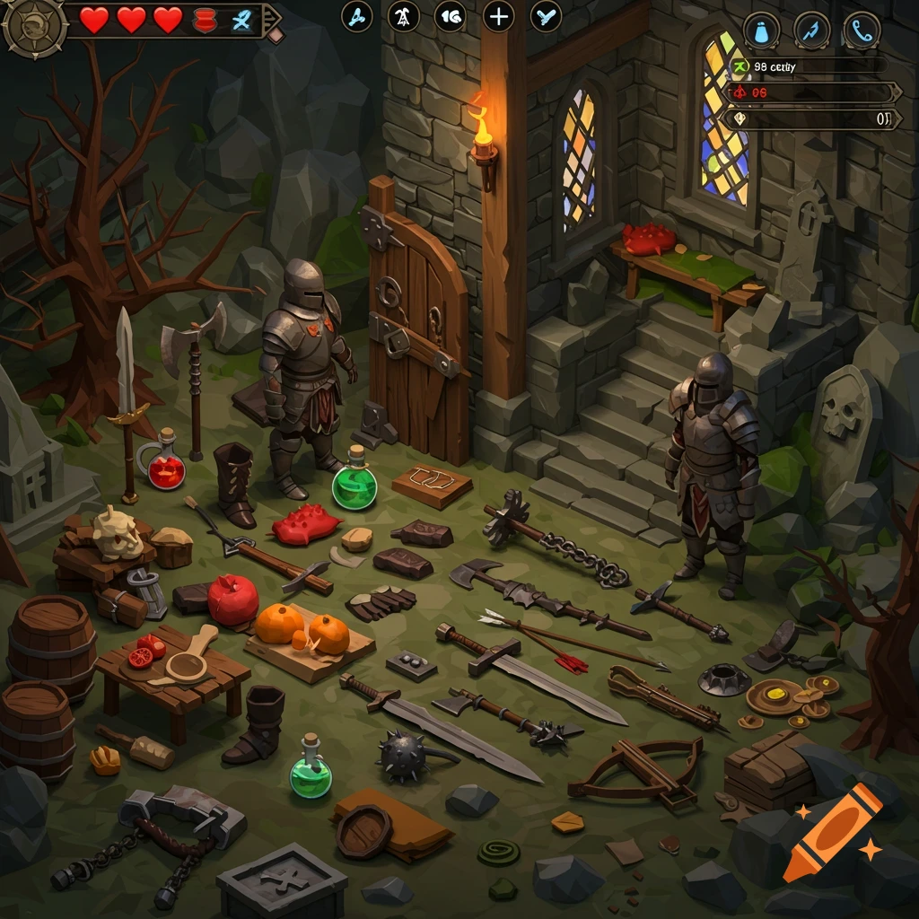 An isometric view of a dark fantasy dungeon with two knights, various weapons, armor, potions, and other items scattered on the ground. A stone building with a wooden door and stained glass windows stands in the background.