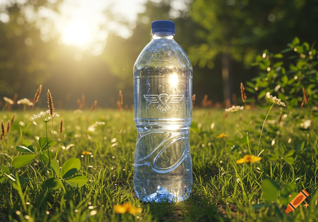 A clear plastic water bottle with a blue cap stands in a sunlit grassy field with wildflowers.