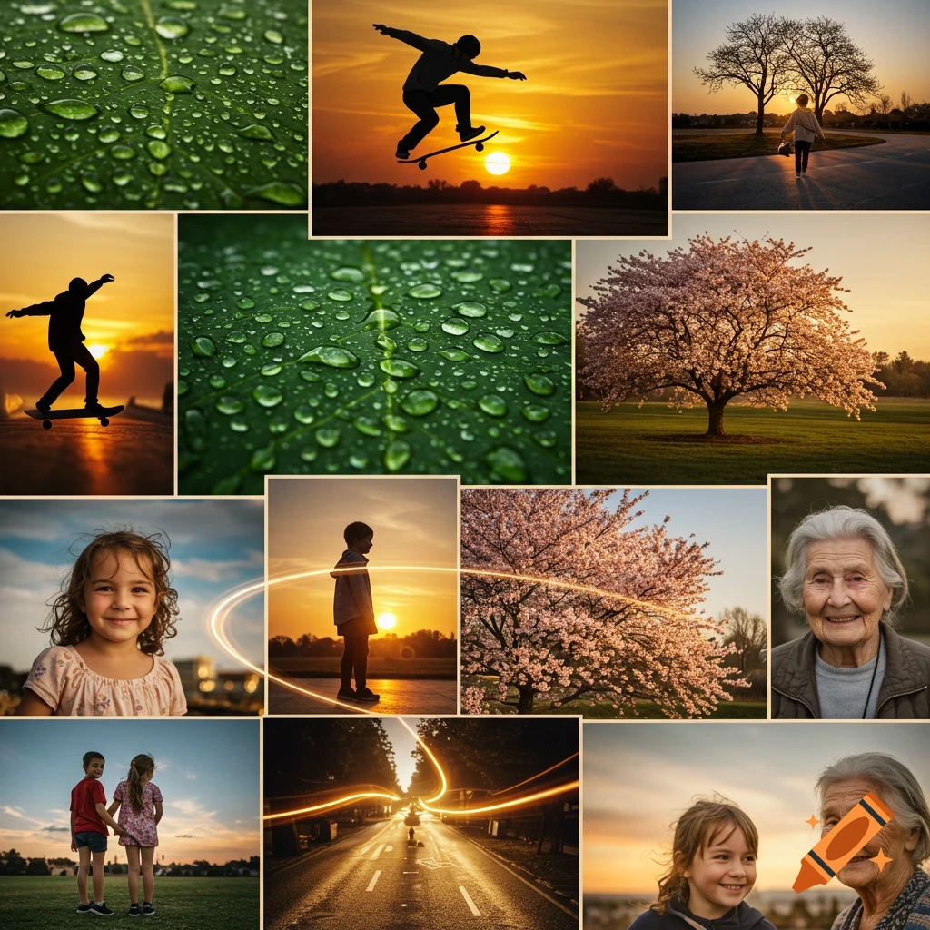 A collage of diverse photos including a close-up of dewy leaves, a skateboarder at sunset, people in a park, and light trails on a road.