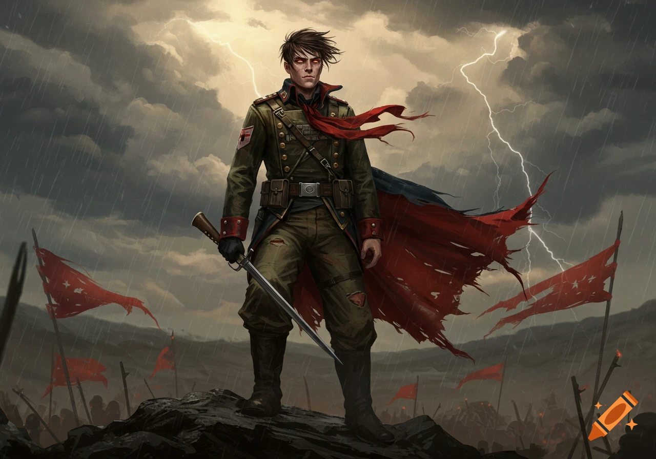 A young rebel general stands on a rocky outcrop holding a sword, against a stormy, lightning-filled sky with tattered red flags and a crowd below.