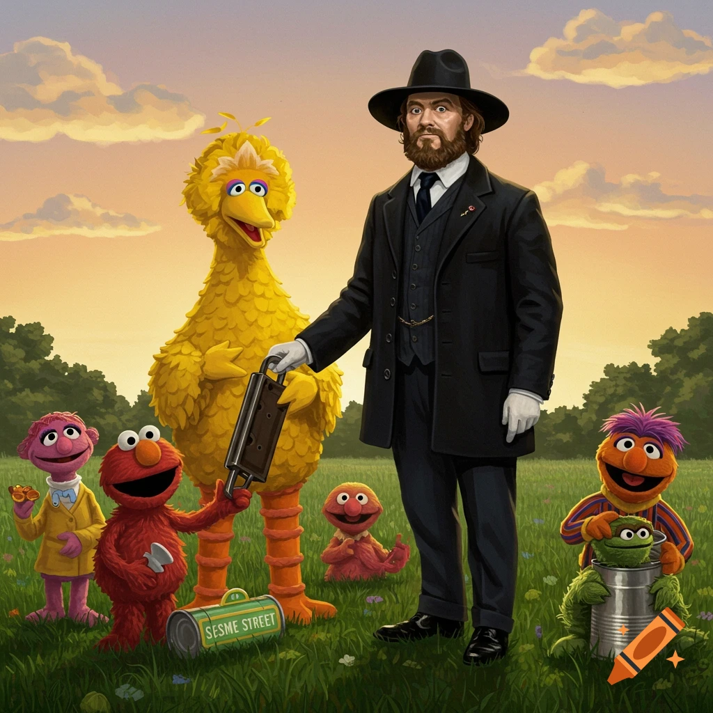 A man resembling Buffalo Bill stands with Big Bird, Elmo, and other Sesame Street characters in a grassy field at sunset. Elmo holds a small object, while a green can labeled "SESME STREET" rests at his feet.
