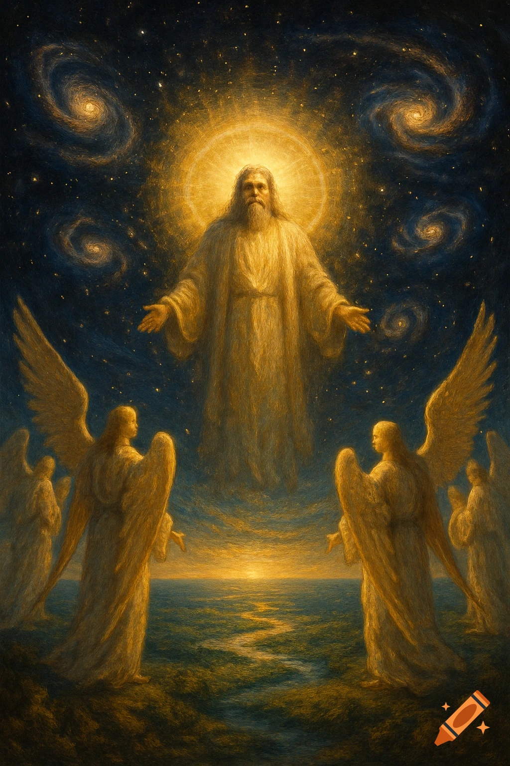 A divine, luminous figure with outstretched arms hovers above angels and water under a starry, swirling galaxy sky, bathed in golden light.