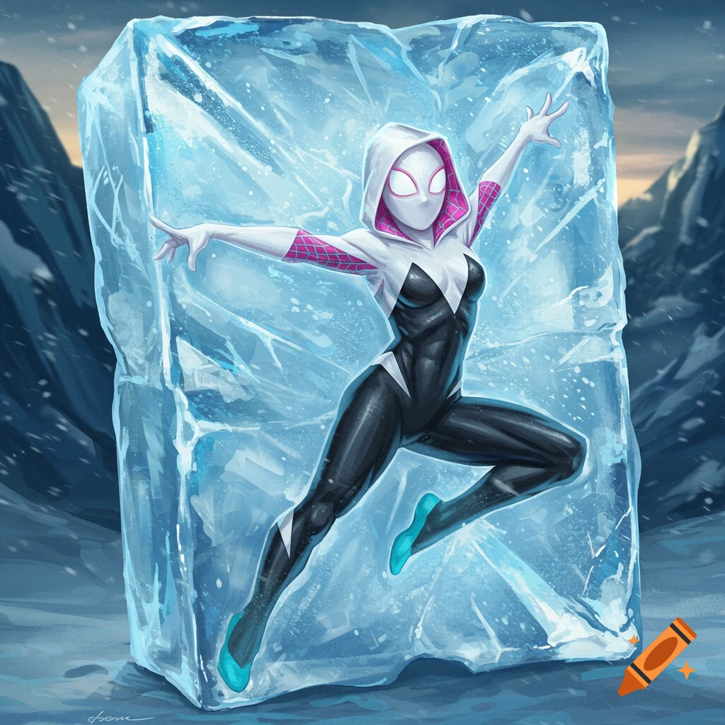 Spider-Gwen in her black and white suit, frozen within a large block of ice in a snowy mountain landscape, depicted in a comic art style.
