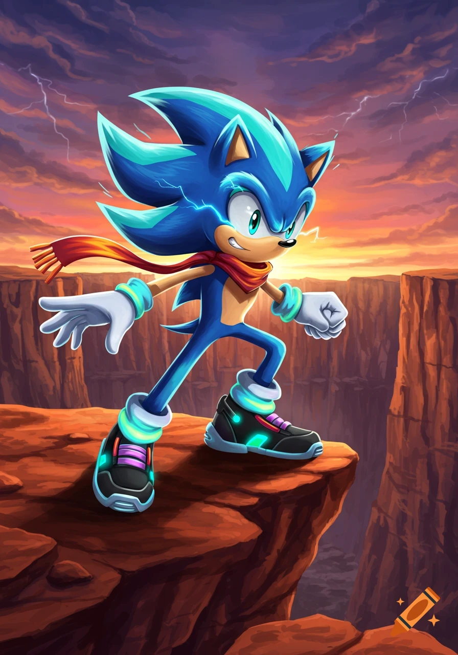 An animated blue hedgehog character, resembling Sonic, stands on a rocky cliff edge with lightning in a dramatic sunset sky.