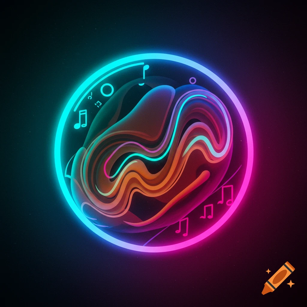 Abstract circular icon with neon blue and pink glow, vibrant wavy patterns, and subtle musical note symbols on a dark background.