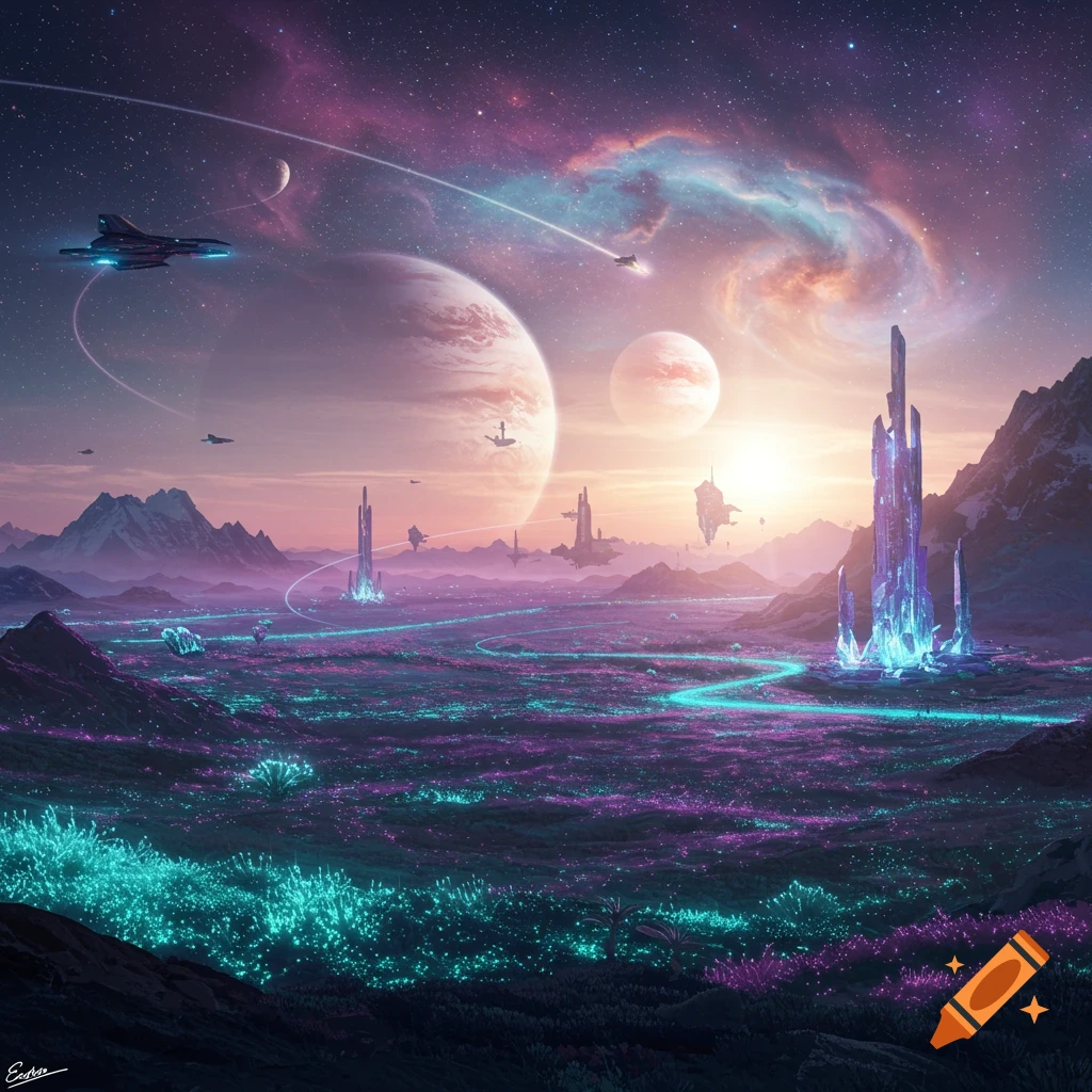 A vibrant sci-fi landscape with glowing flora, futuristic crystal structures, flying spaceships, and large planets under a colorful sky at sunset.