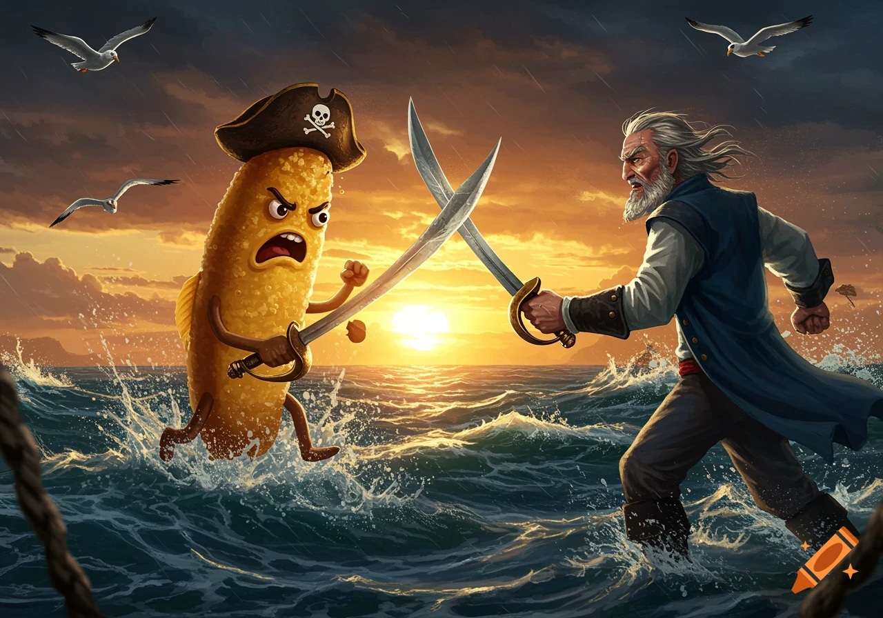 A cartoon fish finger wearing a pirate hat fights an old man with pirate swords on rough seas at sunset.