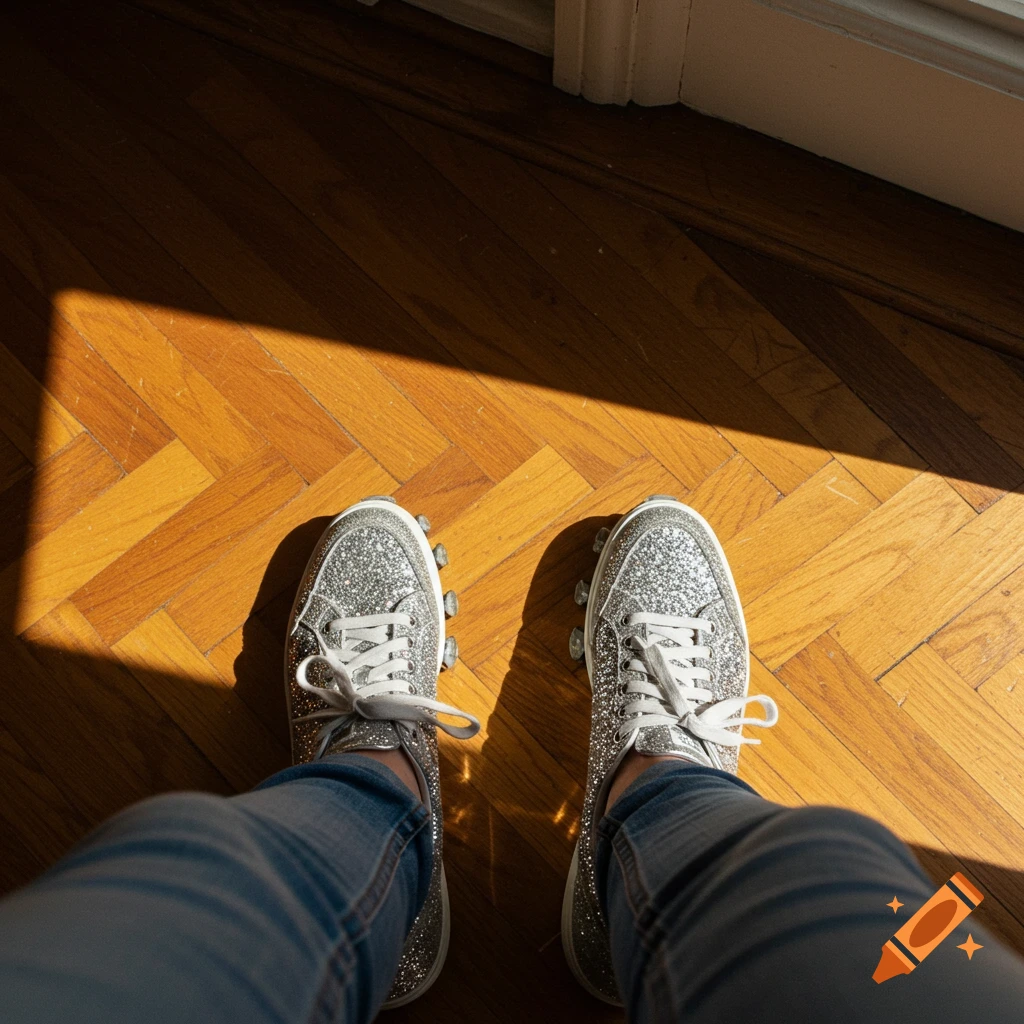 Top-down view of feet in glittery silver sneakers and jeans on a wooden herringbone floor with sunlight.
