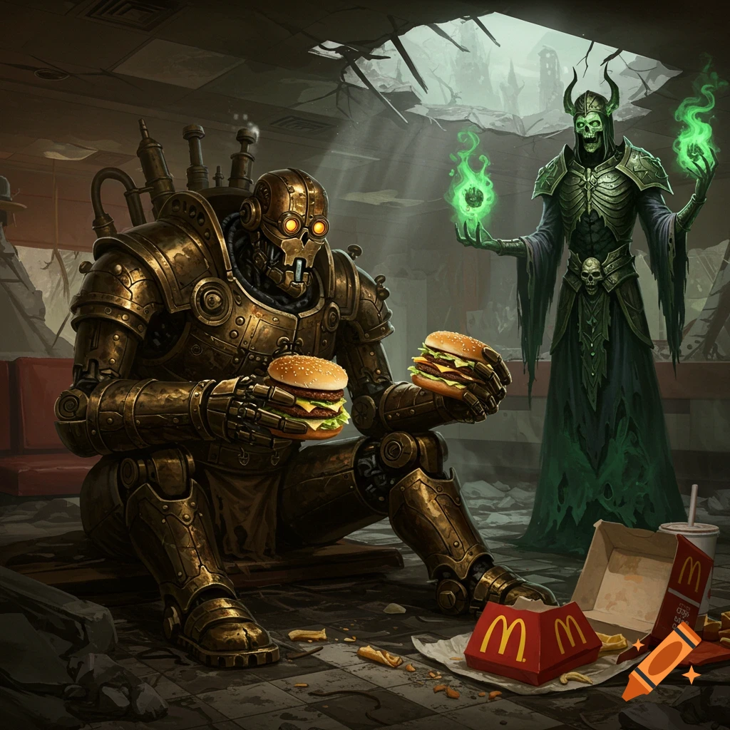 A steampunk robot sits eating two burgers while a green-glowing lich lord stands behind him in a ruined McDonald's restaurant. Dark fantasy illustration style.