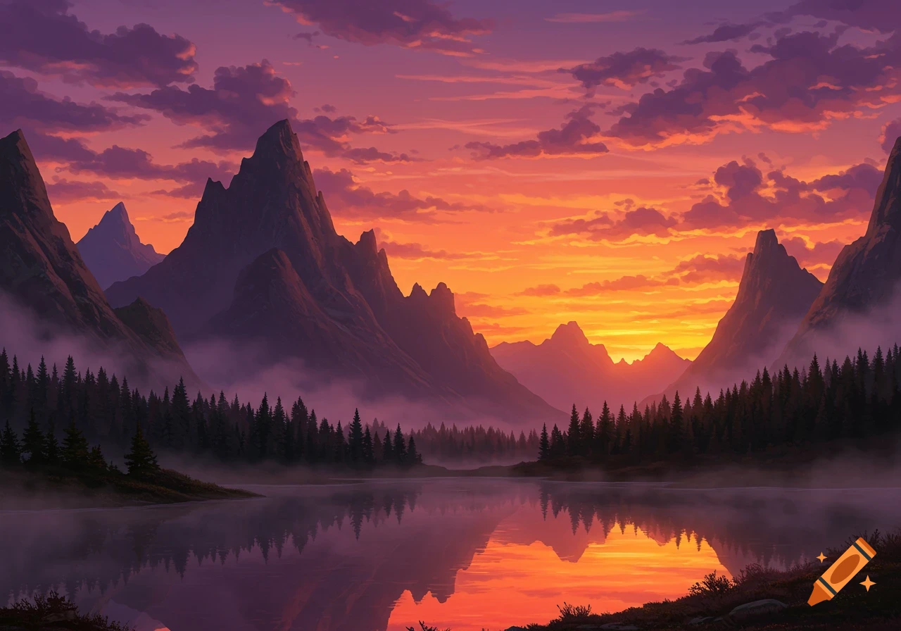 A serene landscape of tall mountains and evergreen trees surrounding a calm lake at sunset, with a vibrant orange and purple sky reflecting on the water.