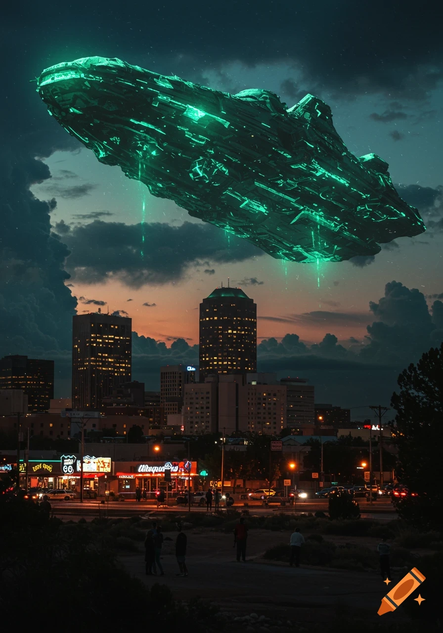 A large green glowing alien mothership hovers over a city at dusk, with skyscrapers and illuminated street signs below under a cloudy sky.