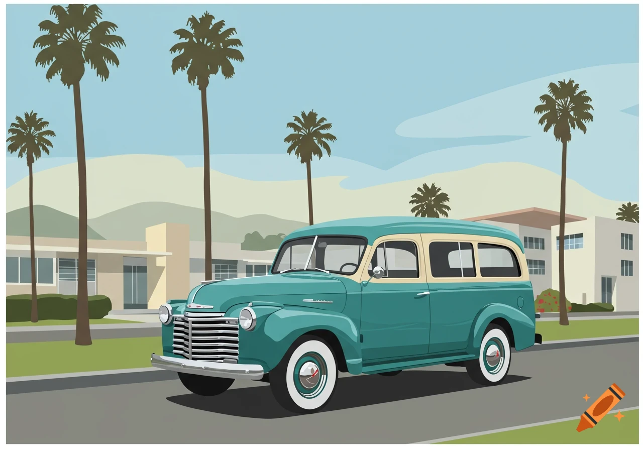 A teal and beige 1946 Chevrolet Suburban on a road, with palm trees, stucco buildings, and mountains in the background, in an illustrative style.