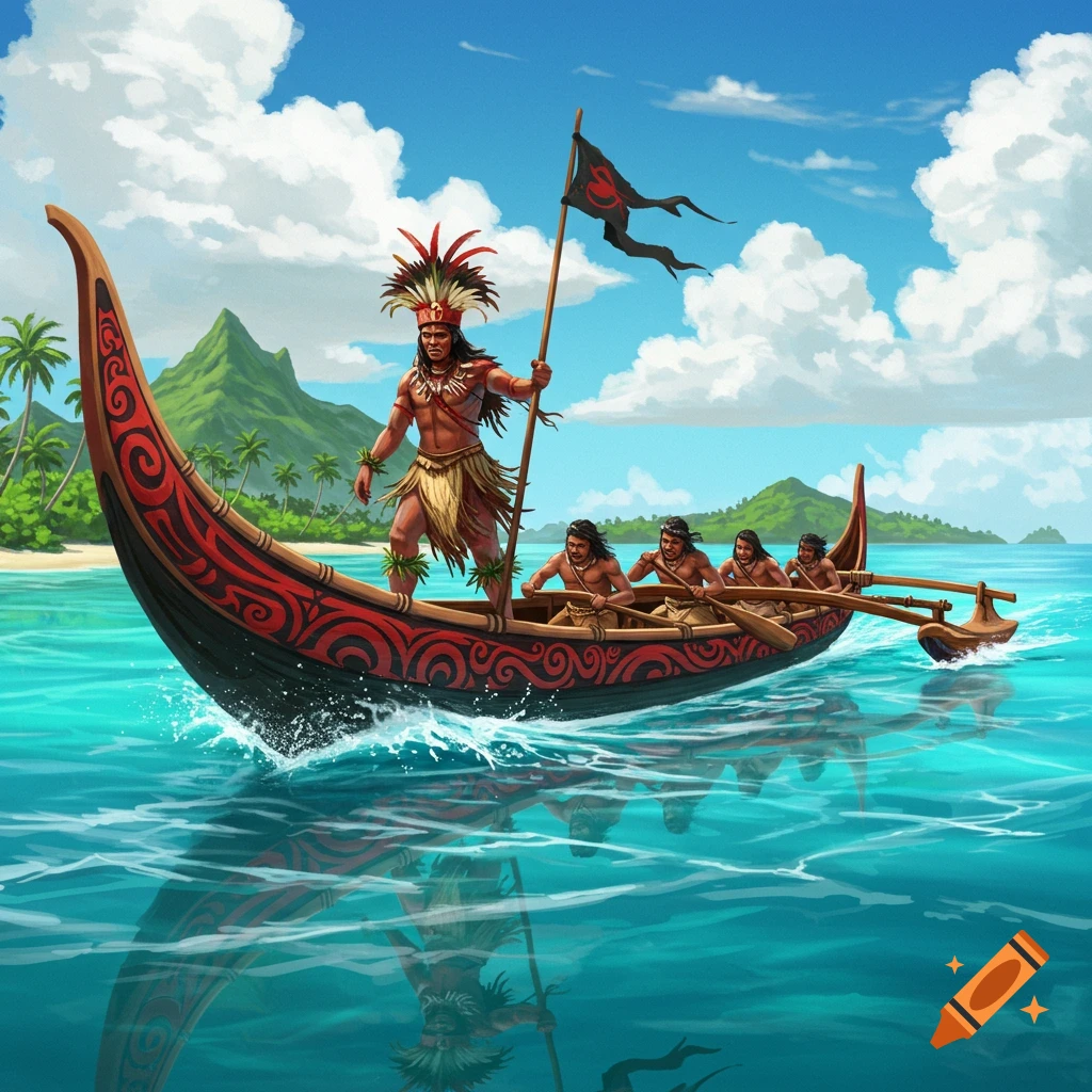 A vibrant illustration of a Polynesian war canoe with a chief standing and others rowing across a clear blue ocean near a tropical island.