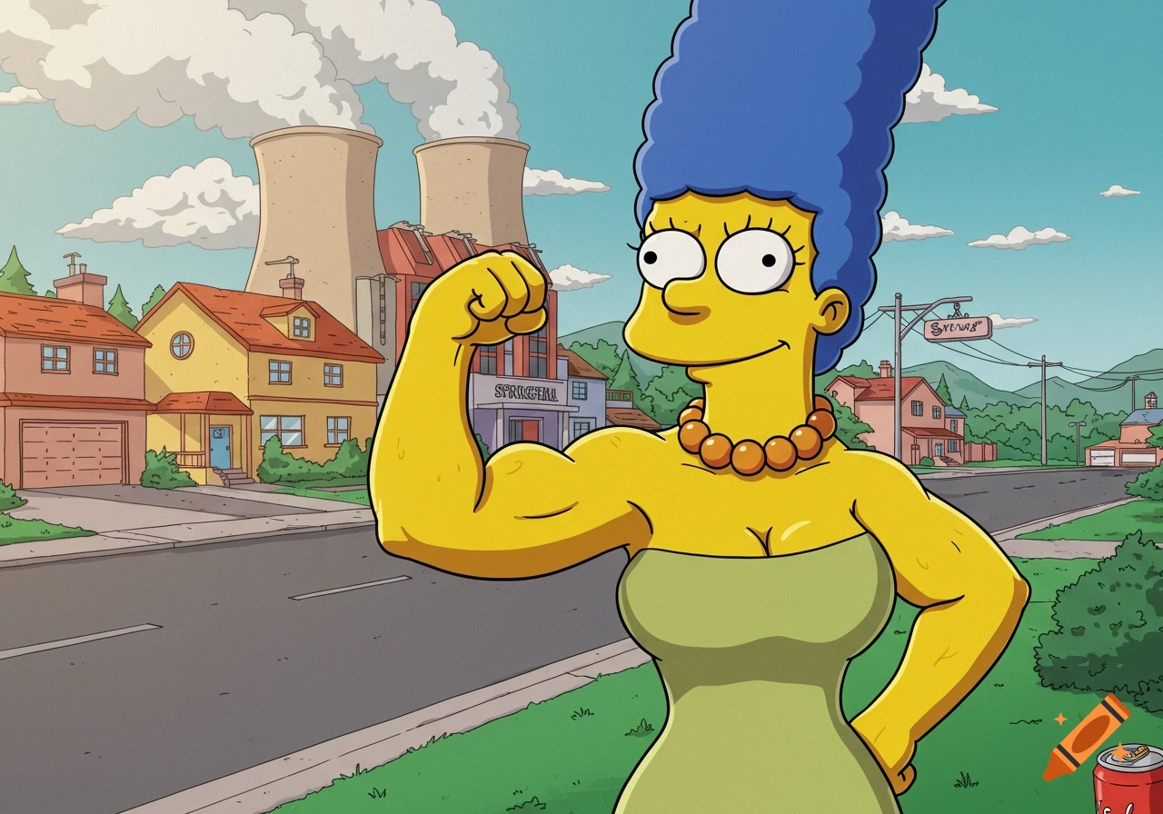 Marge Simpson flexing her bicep, wearing a green strapless dress and orange bead necklace, in front of the Springfield Nuclear Power Plant.