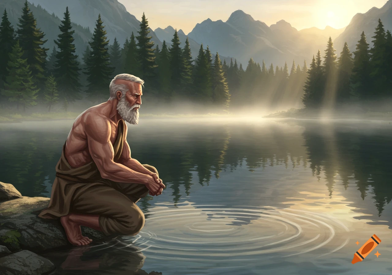 An older, muscled man with a white beard squats contemplatively at the edge of a misty mountain lake at sunrise, surrounded by pine trees.