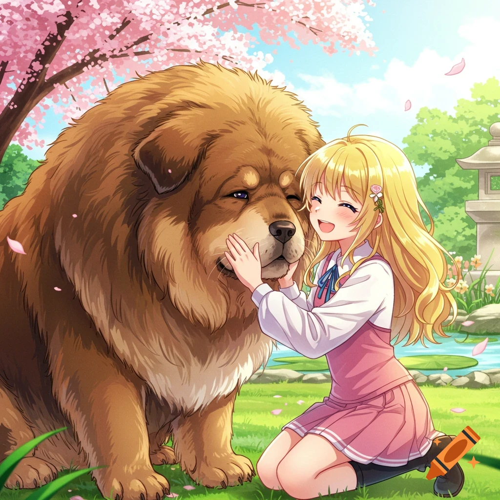 A blonde anime girl kneels in a garden, smiling while gently petting a large brown Tibetan Mastiff under a cherry blossom tree.