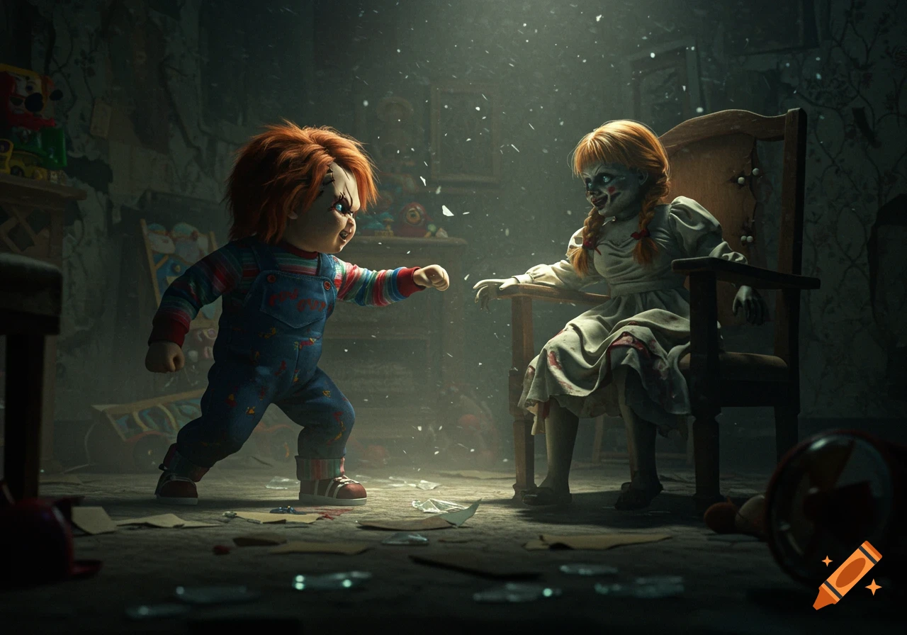 Chucky, a red-haired doll in blue overalls, approaches Annabelle, a seated doll in a white dress, in a dramatic, dimly lit room with debris.
