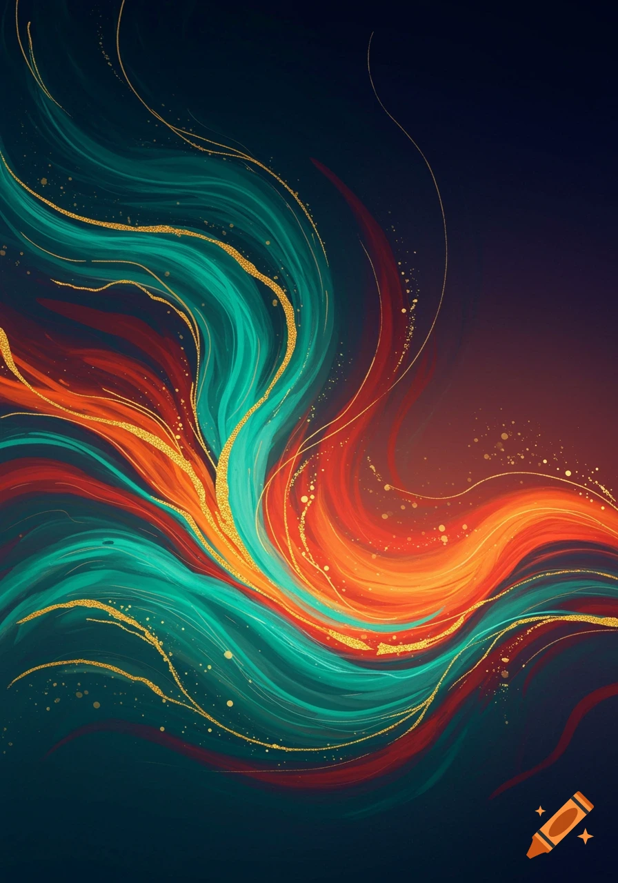 Vibrant abstract wallpaper with swirling teal, orange, and red paint strokes highlighted by glittering golden lines and specks.