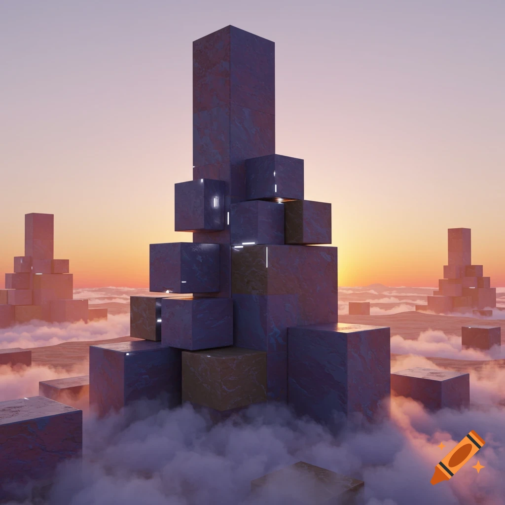 Tall abstract structure of stacked rectangular blocks floating amidst clouds at sunset, with distant similar structures.