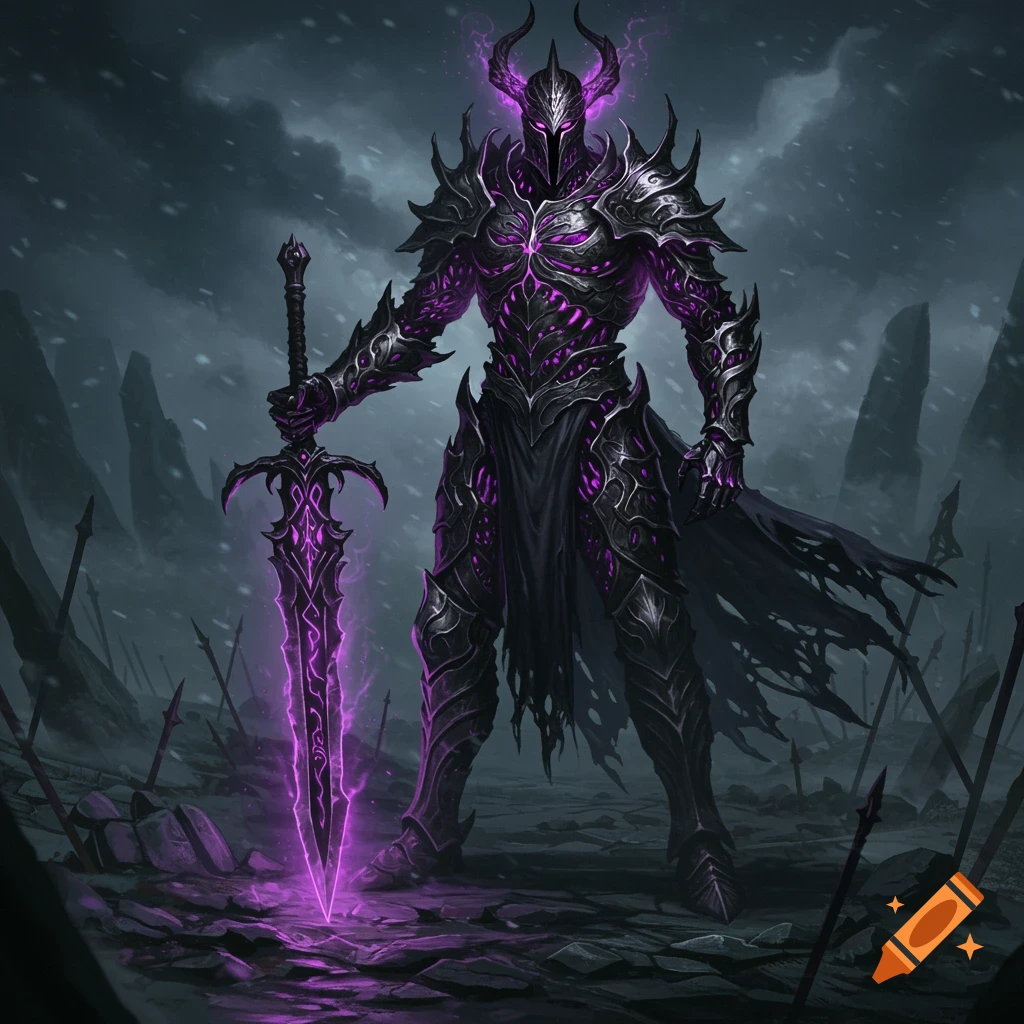 A dark knight in elaborate black and purple glowing armor stands on a desolate battlefield, holding a glowing purple sword.