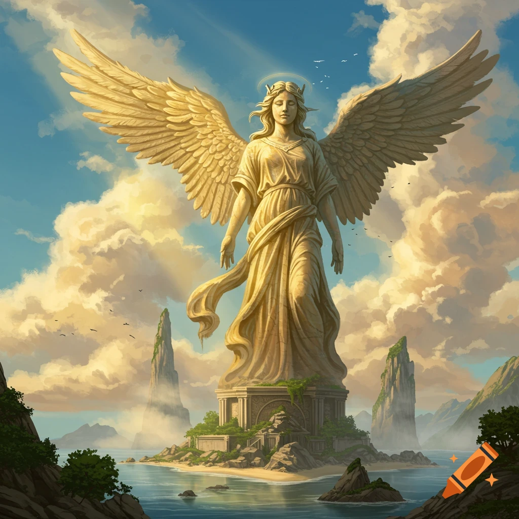 A colossal stone statue of a winged angel stands on a small island amidst a sea, under a radiant sky with clouds.