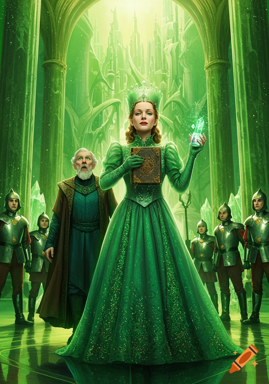 A queen in a sparkly green gown and crown holds a book and a glowing crystal in a vibrant green hall, flanked by an old man and armored guards.