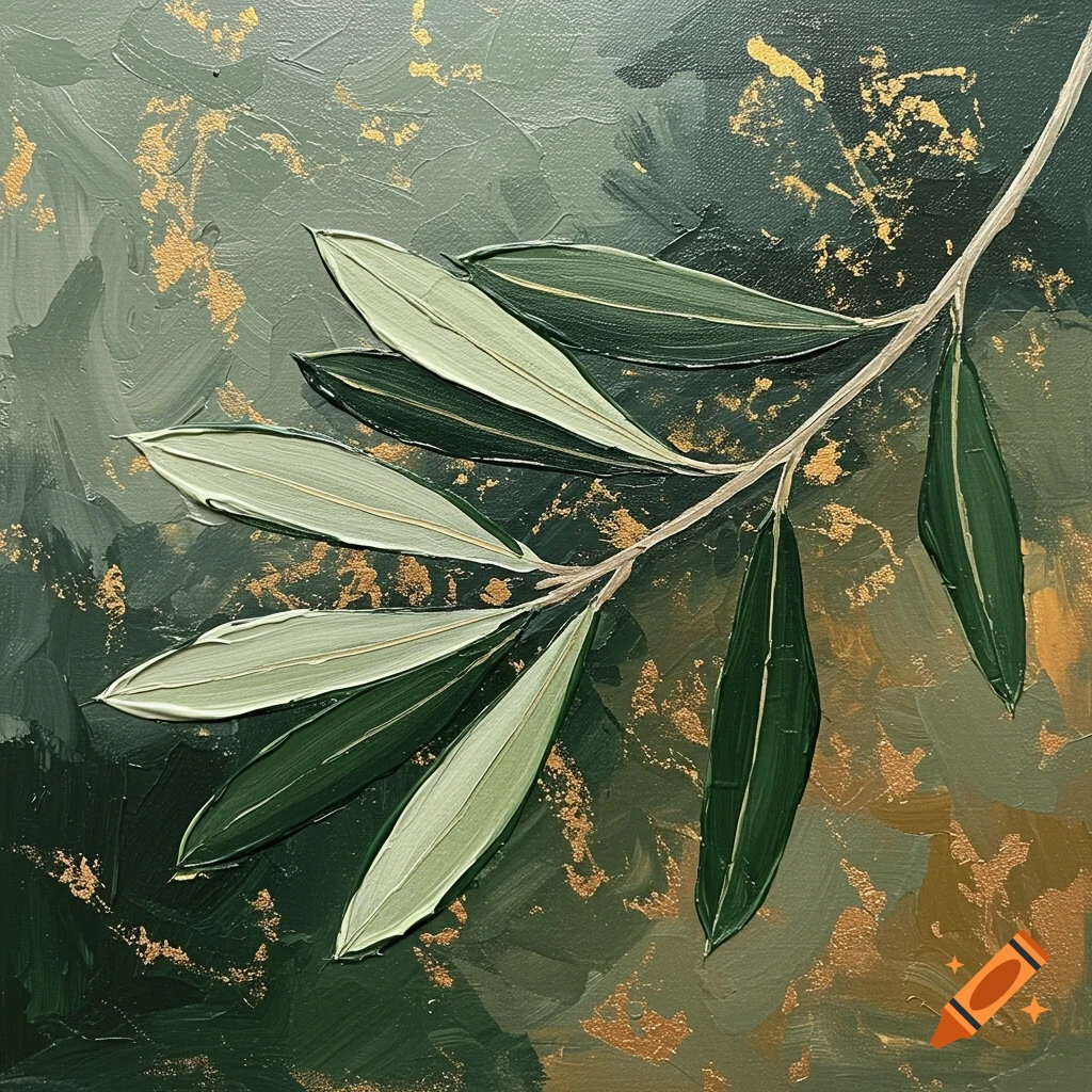 Textured abstract painting featuring a green olive branch with light and dark leaves and gold flecks on a dark green background.