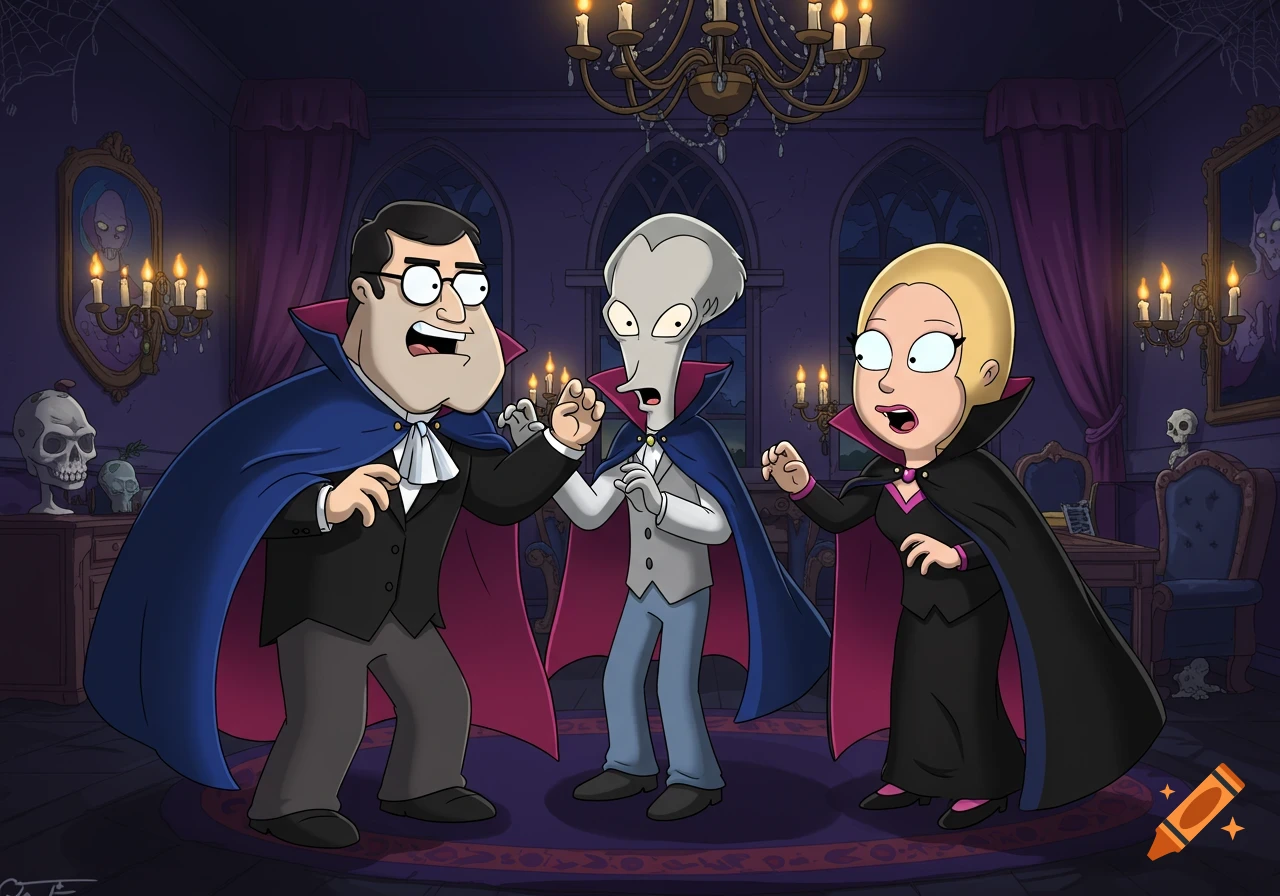 Stan and Francine Smith, dressed as vampires, corner and scare Roger Smith in a spooky mansion.