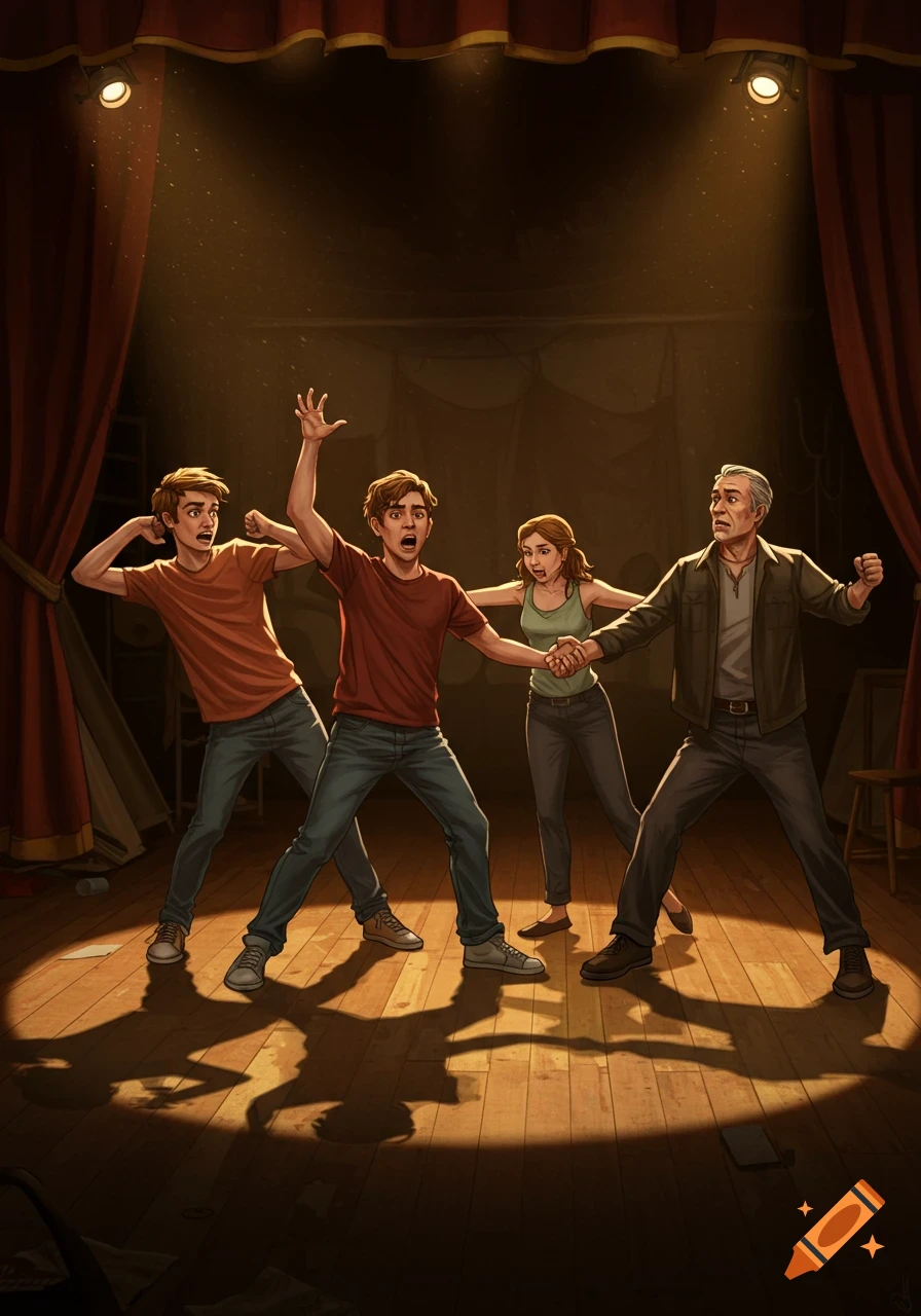 Four illustrated actors, two young men, an older man, and a woman, rehearse on a dimly lit stage, looking scared under a spotlight.