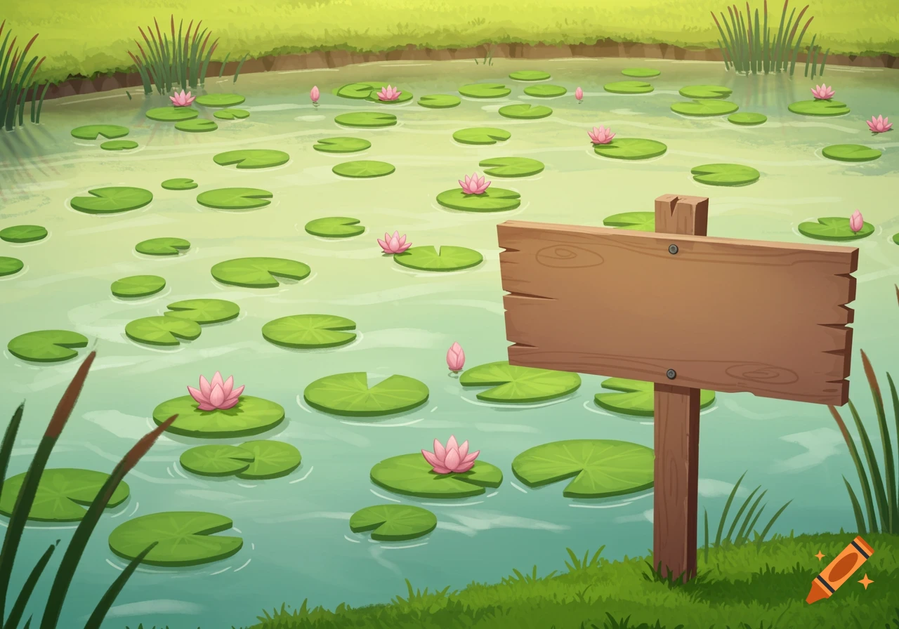 A cartoon illustration of a serene pond filled with green lily pads and pink water lilies, with a blank wooden signpost in the foreground.