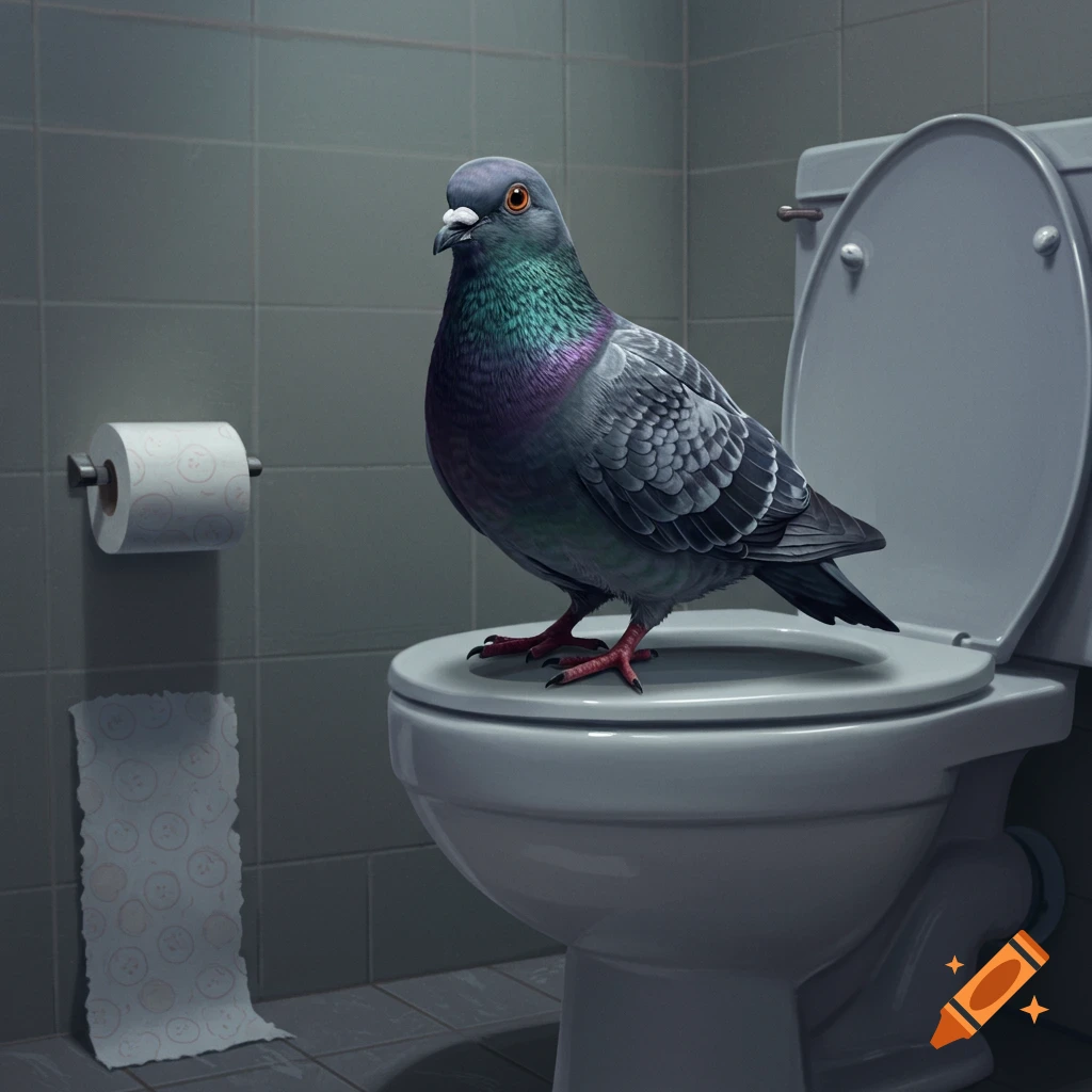 A realistic pigeon stands on the lid of a white toilet in a grey tiled bathroom, with a roll of toilet paper on the wall.