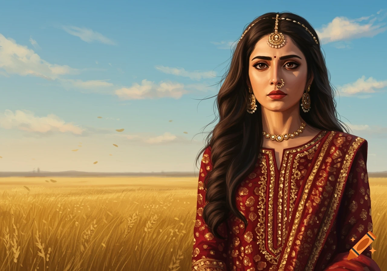 A woman in a red and gold traditional Indian dress with jewelry stands in a golden field under a blue sky, digital painting.