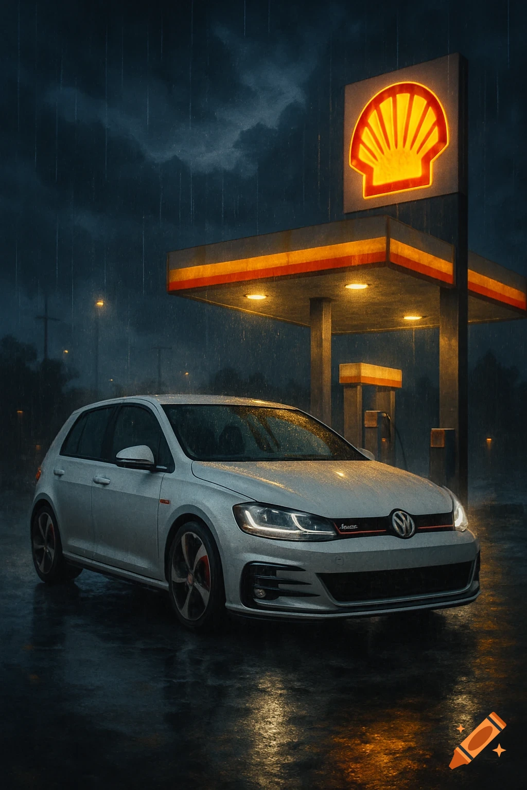 A white Volkswagen Golf GTI parked at a Shell gas station on a rainy night.