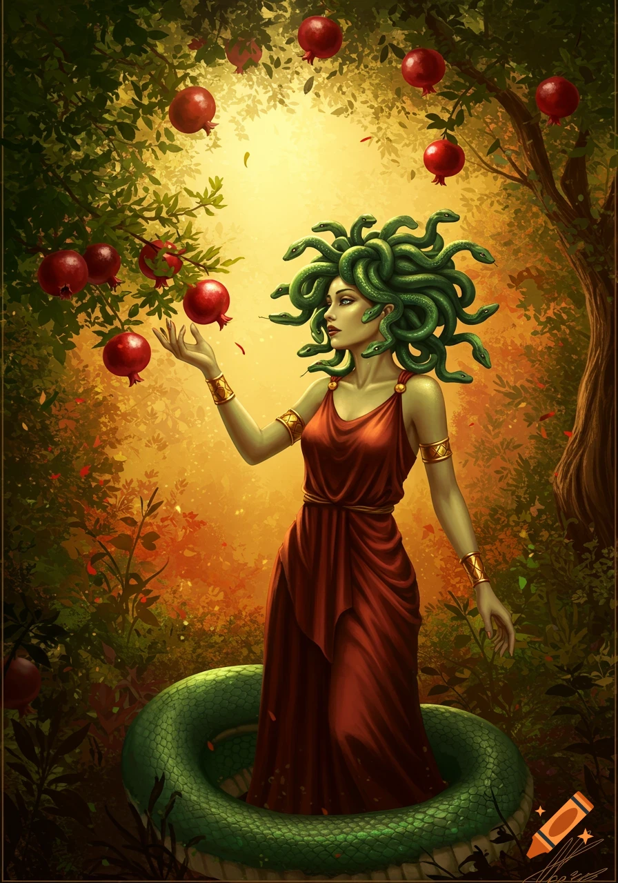 Detailed illustration of Medusa in a red dress reaching for a pomegranate on a tree in a sunlit forest.