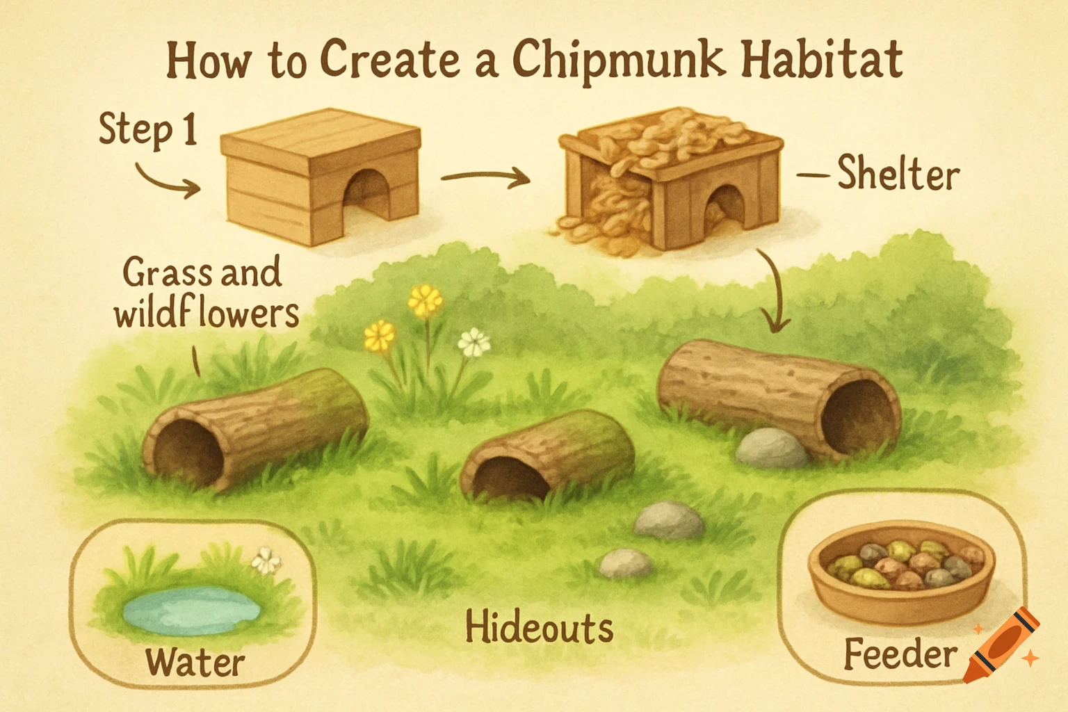 An illustrated guide demonstrating how to create a chipmunk habitat with shelter, hideouts, water, and a feeder in a grassy area.