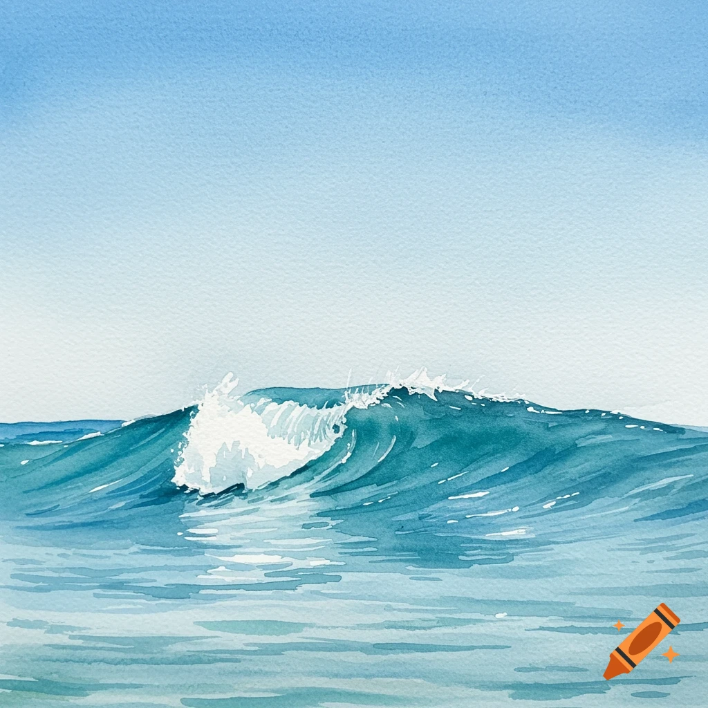 A watercolor painting of a blue ocean wave crashing under a clear sky.