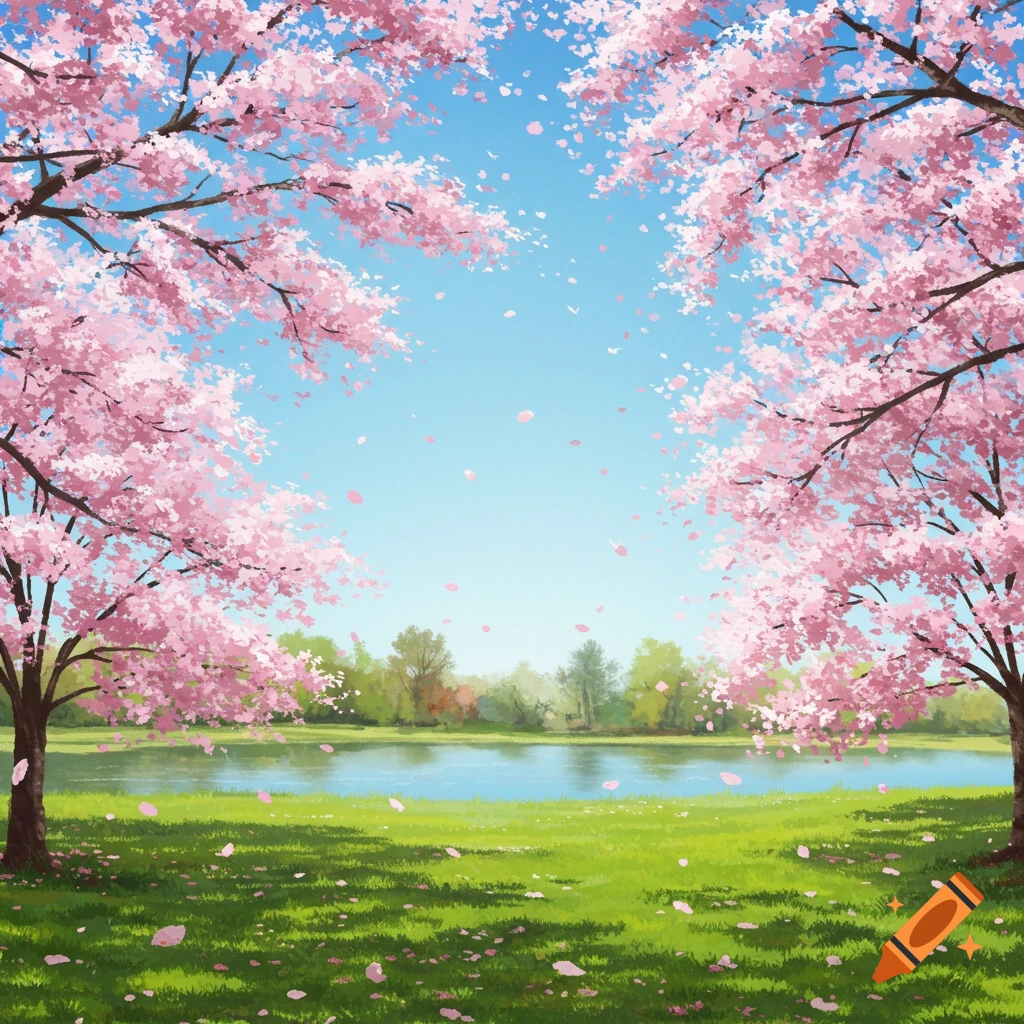 Anime landscape of a lake surrounded by green grass and pink cherry blossom trees under a bright blue sky with falling petals.
