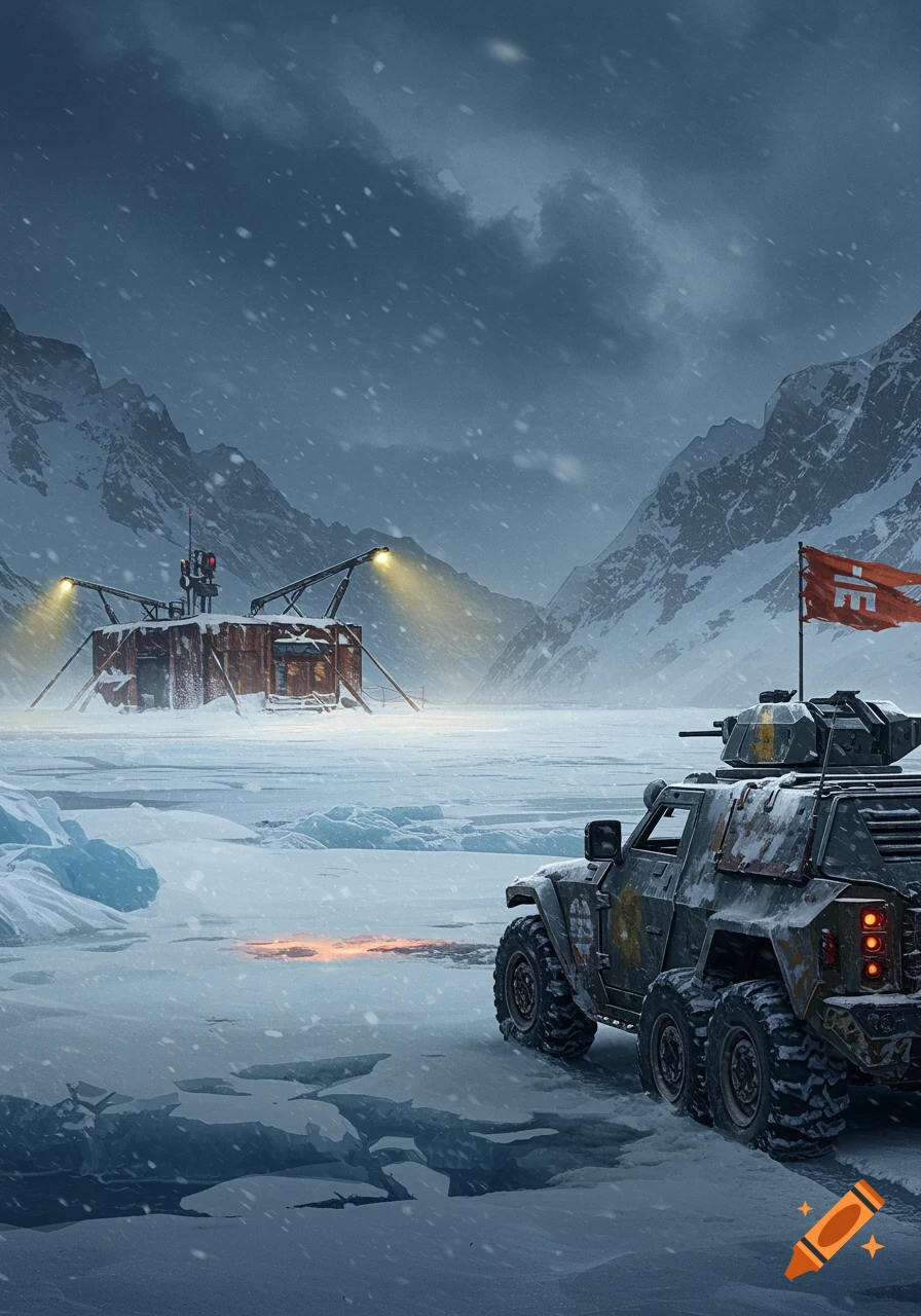A military vehicle on a snowy, icy plain with mountains, facing a lit, rustic structure under a cloudy sky.