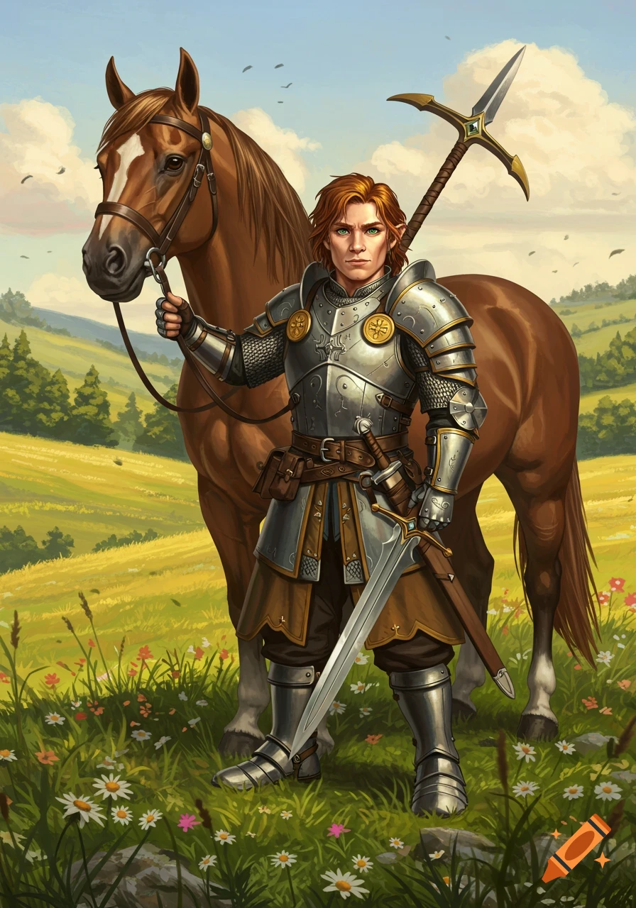 A male knight in plate armor, with copper hair and green eyes, stands with his brown warhorse in a sunny, grassy field.