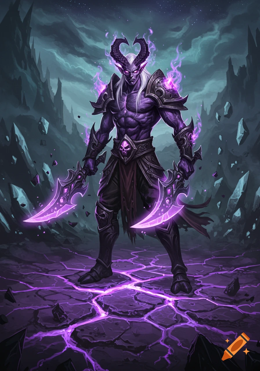 A powerful purple demon hunter with white hair, heart-shaped horns, and glowing purple swords stands on cracked, glowing ground in a dark, rocky landscape.