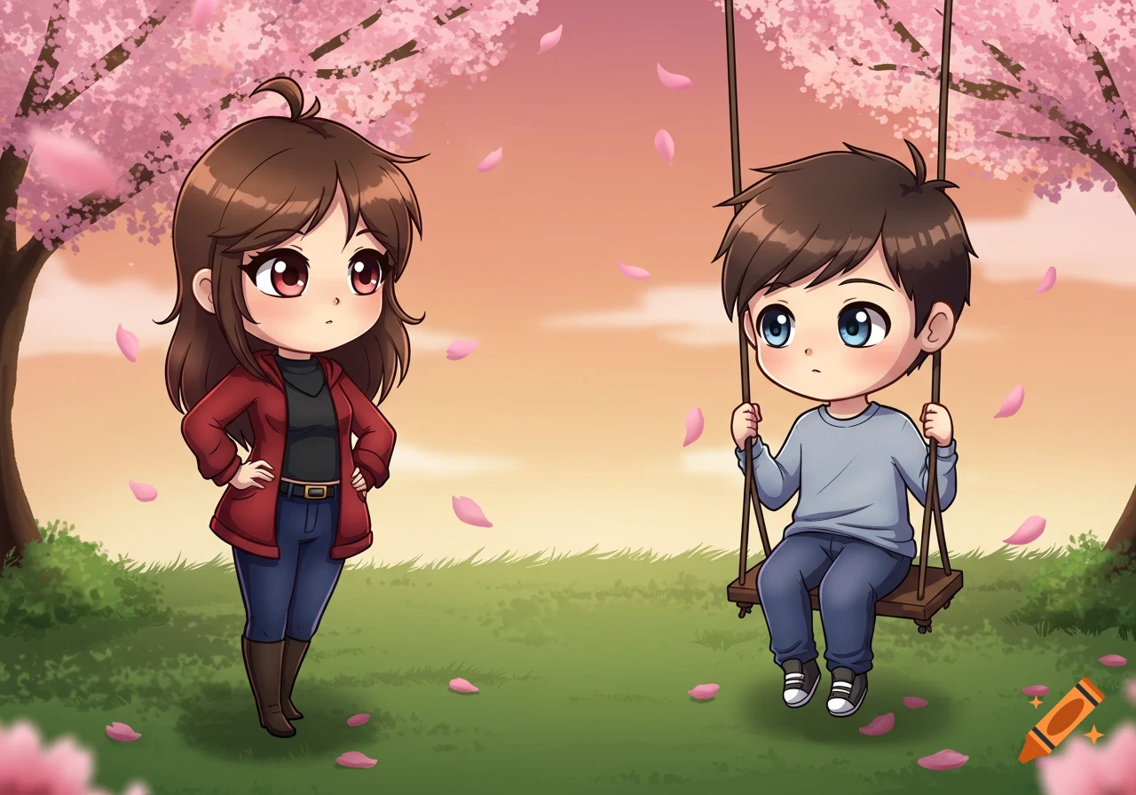 Chibi style illustration of a girl standing and a boy on a swing under cherry blossom trees with falling petals.