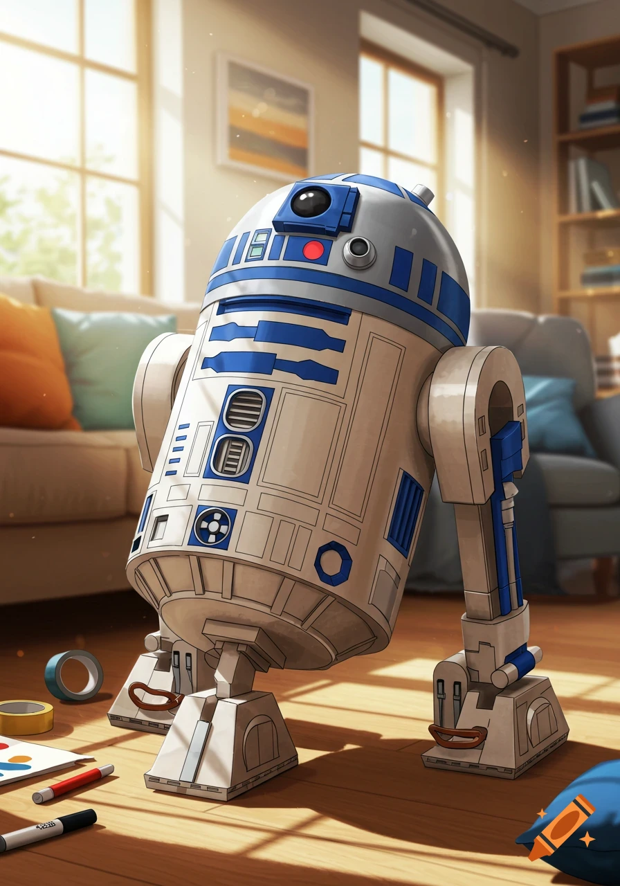 An illustration of R2-D2 standing on a wooden floor in a sunlit living room with couches and windows in the background.